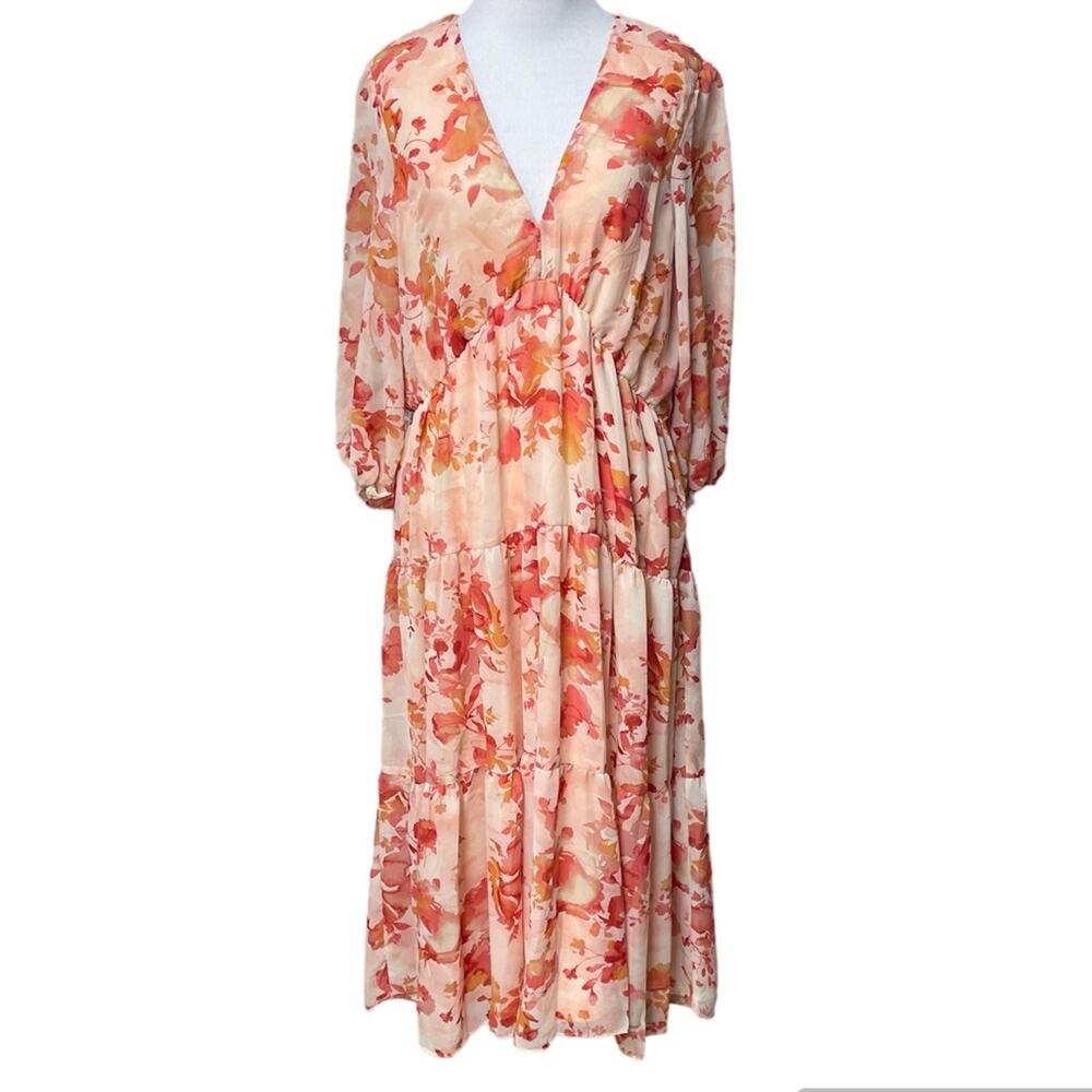 Melonie MIDI Dress NEW Medium Fall Floral Long Sleeve V Neck Tiered Sundress